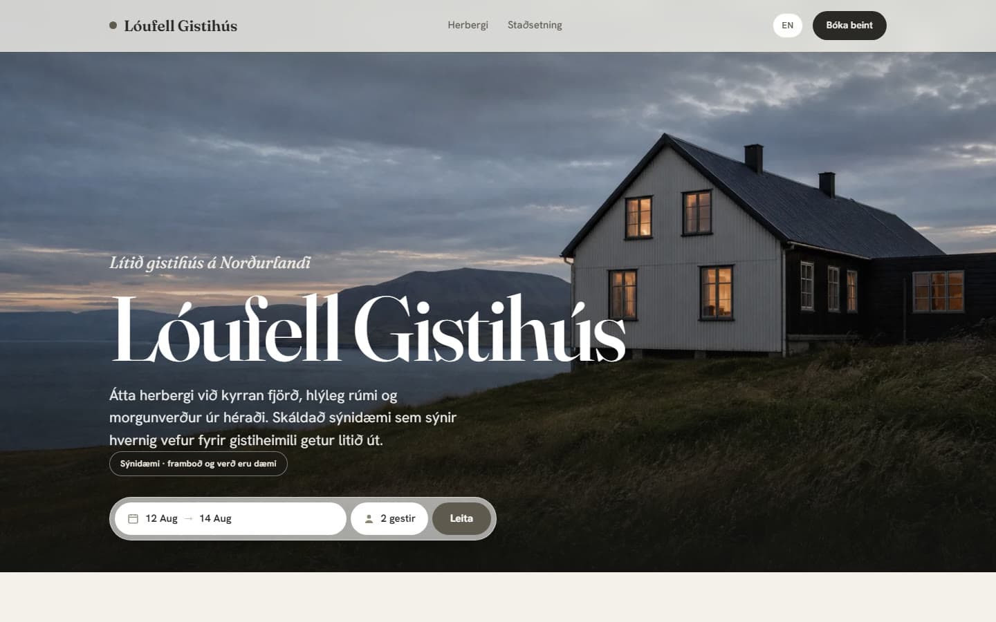 Forsíða skáldaða Lóufells Gistihúss